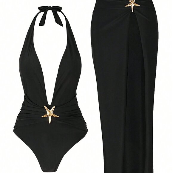 Black Women's Swim Beach Starfish detailed One Piece Swimsuit & skirt set - Picture 4 of 7